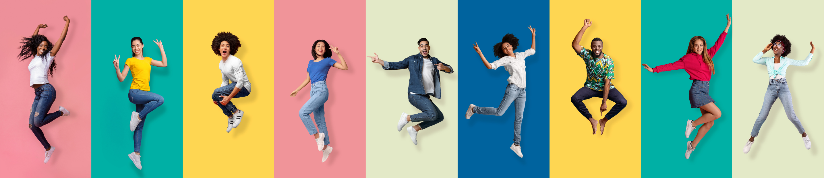 Collage of different young adults in various joyful poses